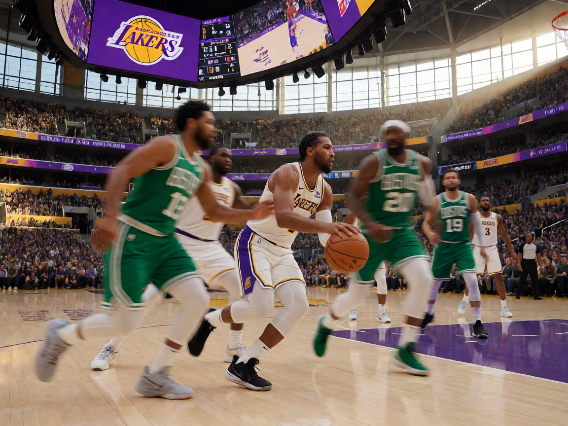 NBA常规赛湖人队对阵凯尔特人队的精彩比赛现场