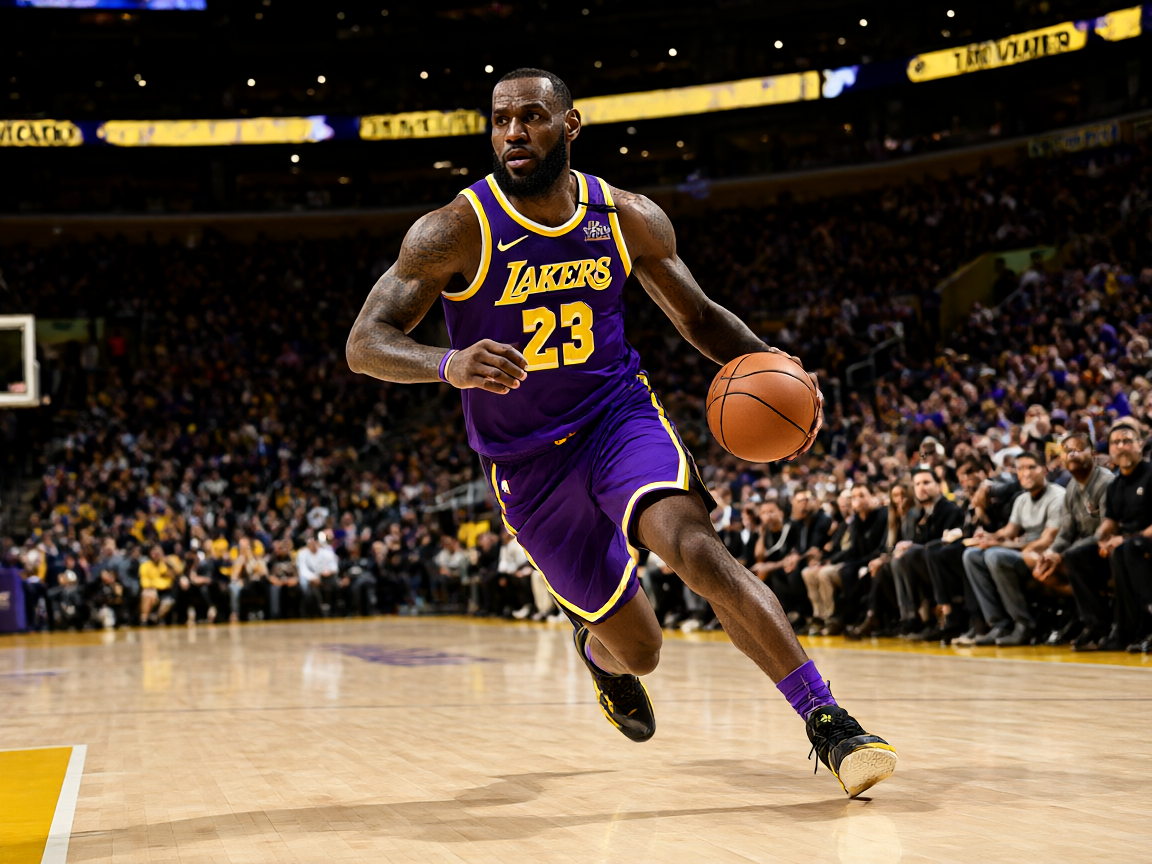 NBA洛杉矶湖人与金州勇士比赛现场，詹姆斯运球突破