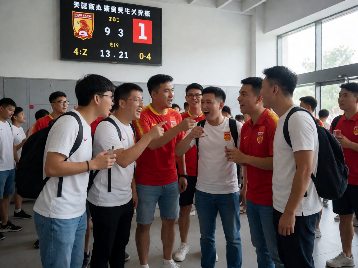 球迷在球场热烈讨论比赛场景
